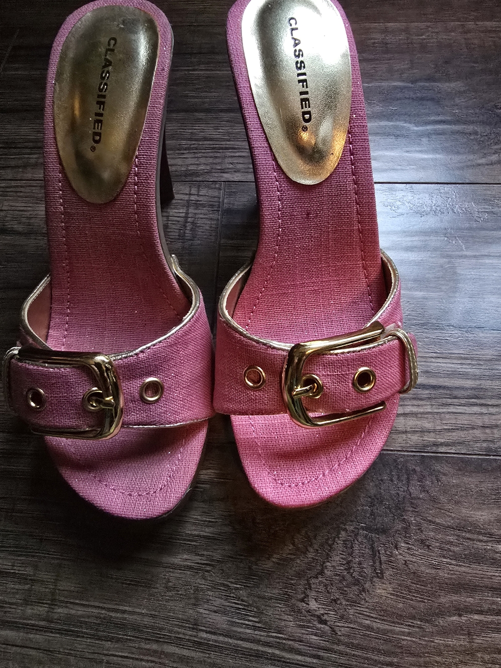 Classified Pink Slide Mules with Gold Buckle